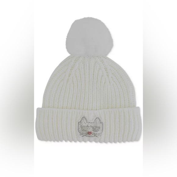 Karl Lagerfeld Disco Kitty Knit Pompom White Beanie & Scarf Boxed Gift Set NWT - Picture 2 of 5